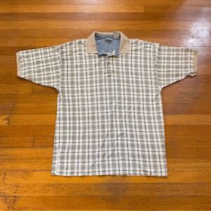VTG 90s Bugle Boy Company Plaid Polo Shirt XL Beige Blue Collar Casual pattern
